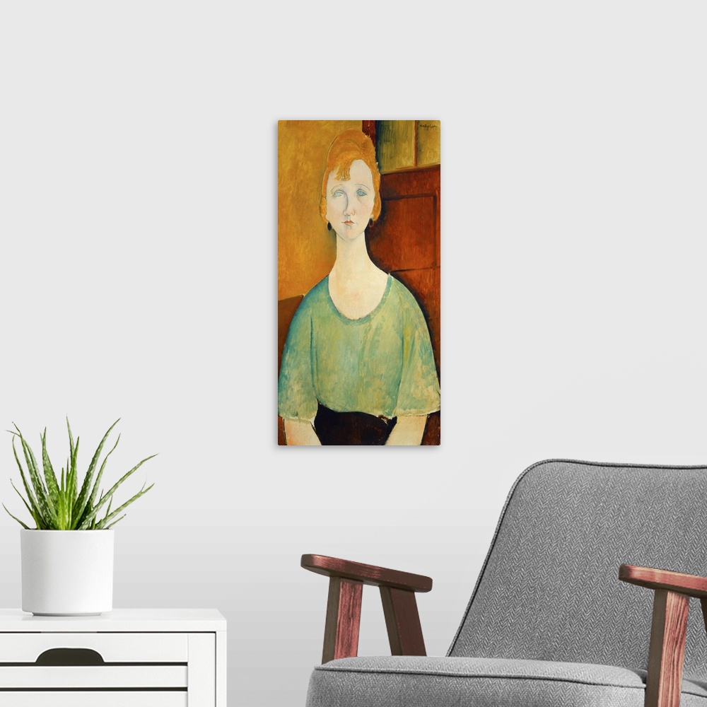 A modern room featuring Girl in a Green Blouse, by Amedeo Modigliani, 1917, Italian painting, oil on canvas. This is one ...