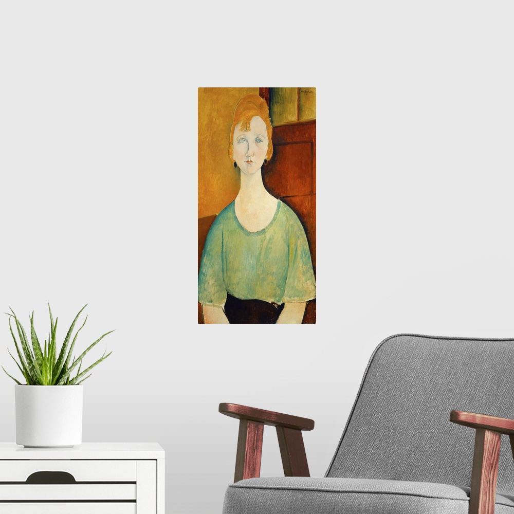 A modern room featuring Girl in a Green Blouse, by Amedeo Modigliani, 1917, Italian painting, oil on canvas. This is one ...