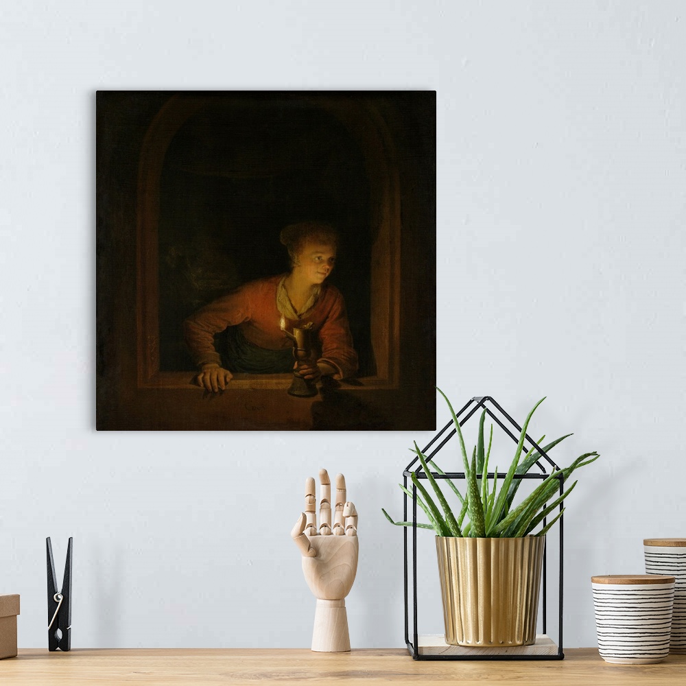 A bohemian room featuring Girl with an Oil Lamp at a Window, by Gerard Dou, 1645-75, Dutch painting, oil on panel. Young wo...