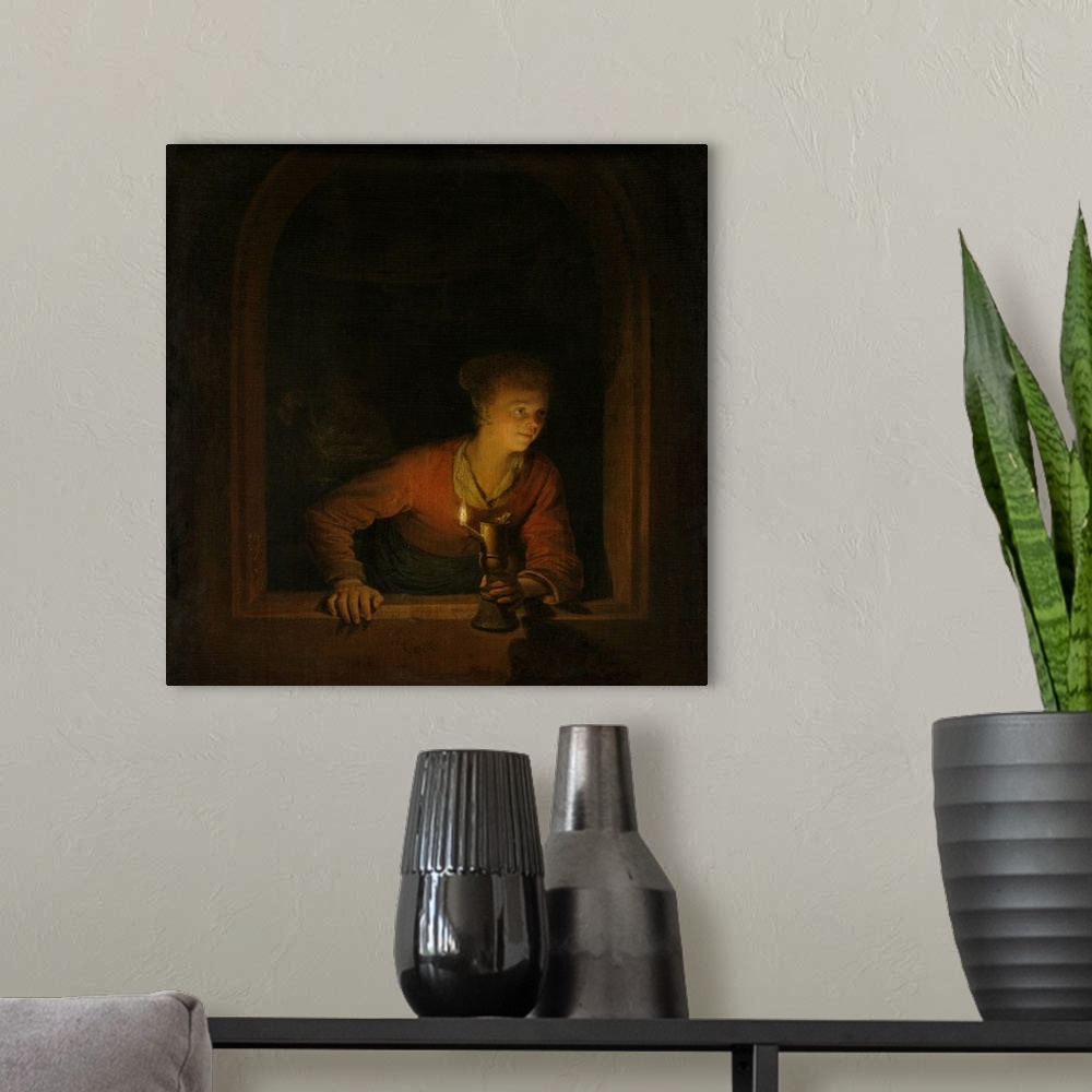 A modern room featuring Girl with an Oil Lamp at a Window, by Gerard Dou, 1645-75, Dutch painting, oil on panel. Young wo...