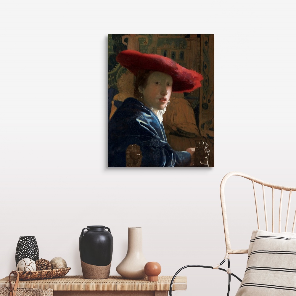 A farmhouse room featuring Girl with the Red Hat, by Johannes Vermeer, c. 1665-66, Dutch painting, oil on canvas. Portrayed ...