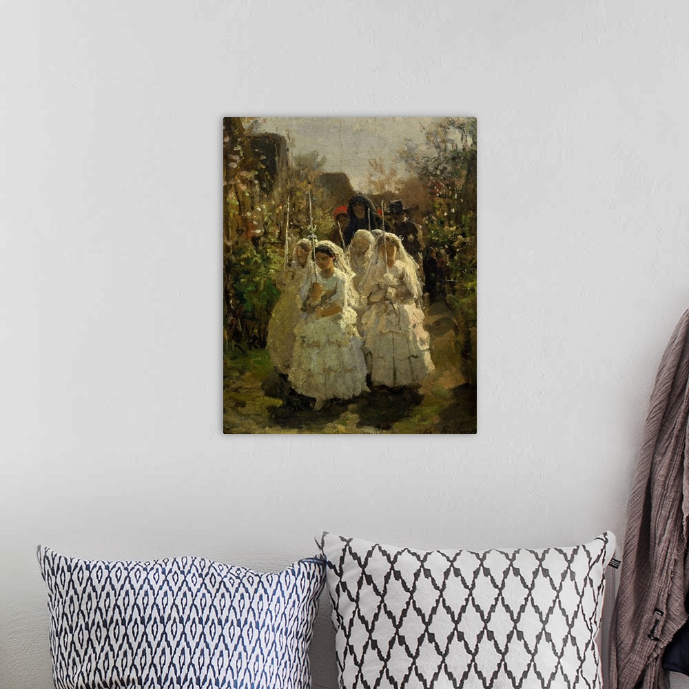 A bohemian room featuring Jules Breton, French School. Girls making their First Communion, in Courrieres. 1855. Oil on card...