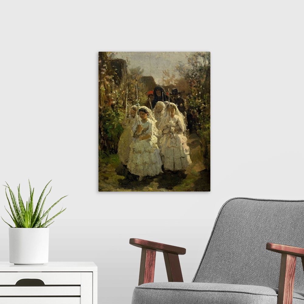A modern room featuring Jules Breton, French School. Girls making their First Communion, in Courrieres. 1855. Oil on card...