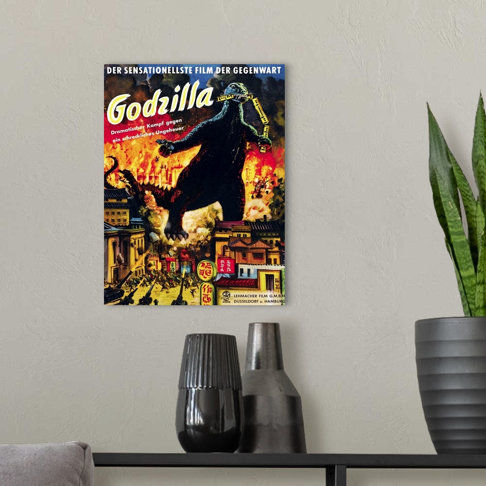 A modern room featuring Godzilla, (AKA Gojira), Godzilla On German Poster Art, 1954.