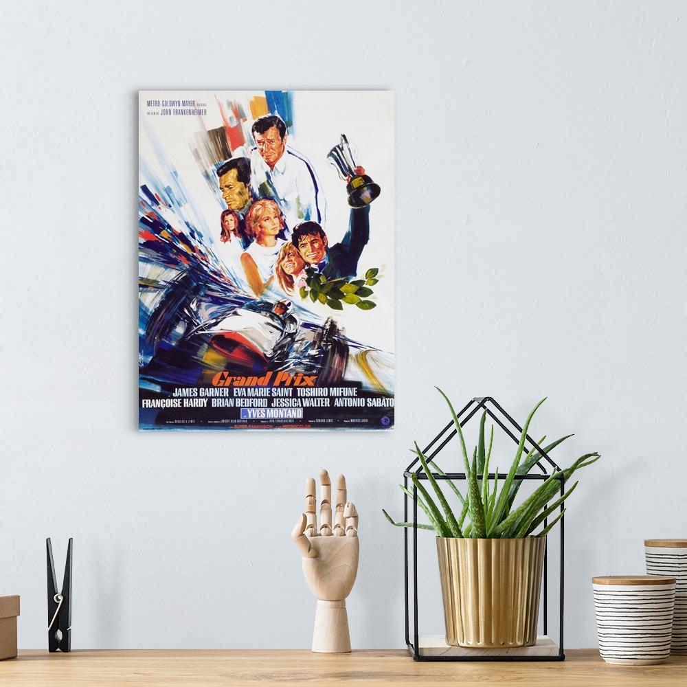 A bohemian room featuring Grand Prix, French Poster, Top Center: James Garner, Bottom Center: Eva Marie Saint, Bottom Right...