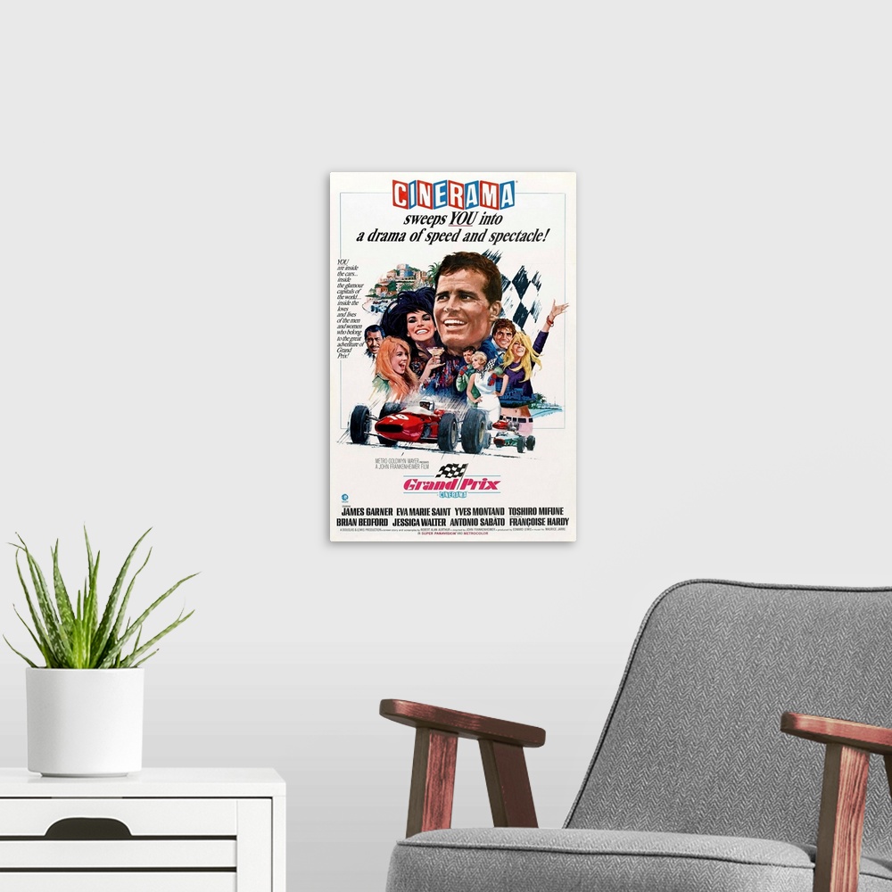 A modern room featuring Grand Prix - Vintage Movie Poster
