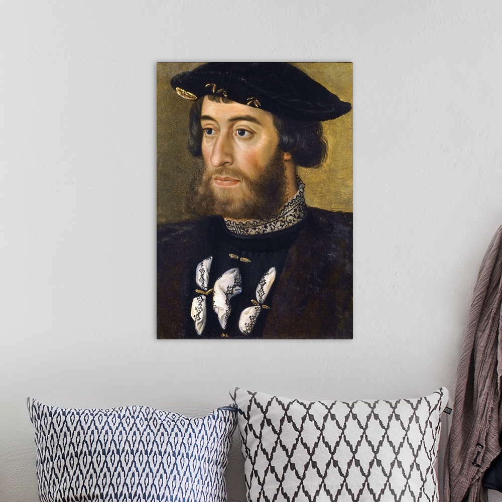 A bohemian room featuring French School. Portrait of Guillaume du Bellay, seigneur of Langey. Circa 1535. Oil on wood, 0.32...