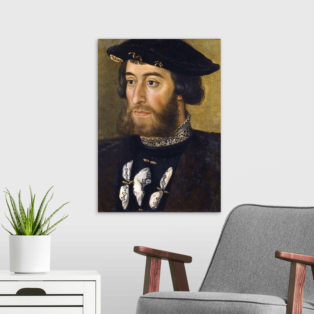 A modern room featuring French School. Portrait of Guillaume du Bellay, seigneur of Langey. Circa 1535. Oil on wood, 0.32...