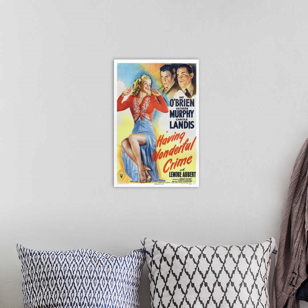A bohemian room featuring HAVING WONDERFUL CRIME, US poster, from left: Carole Landis, George Murphy, Pat O'Brien, 1945