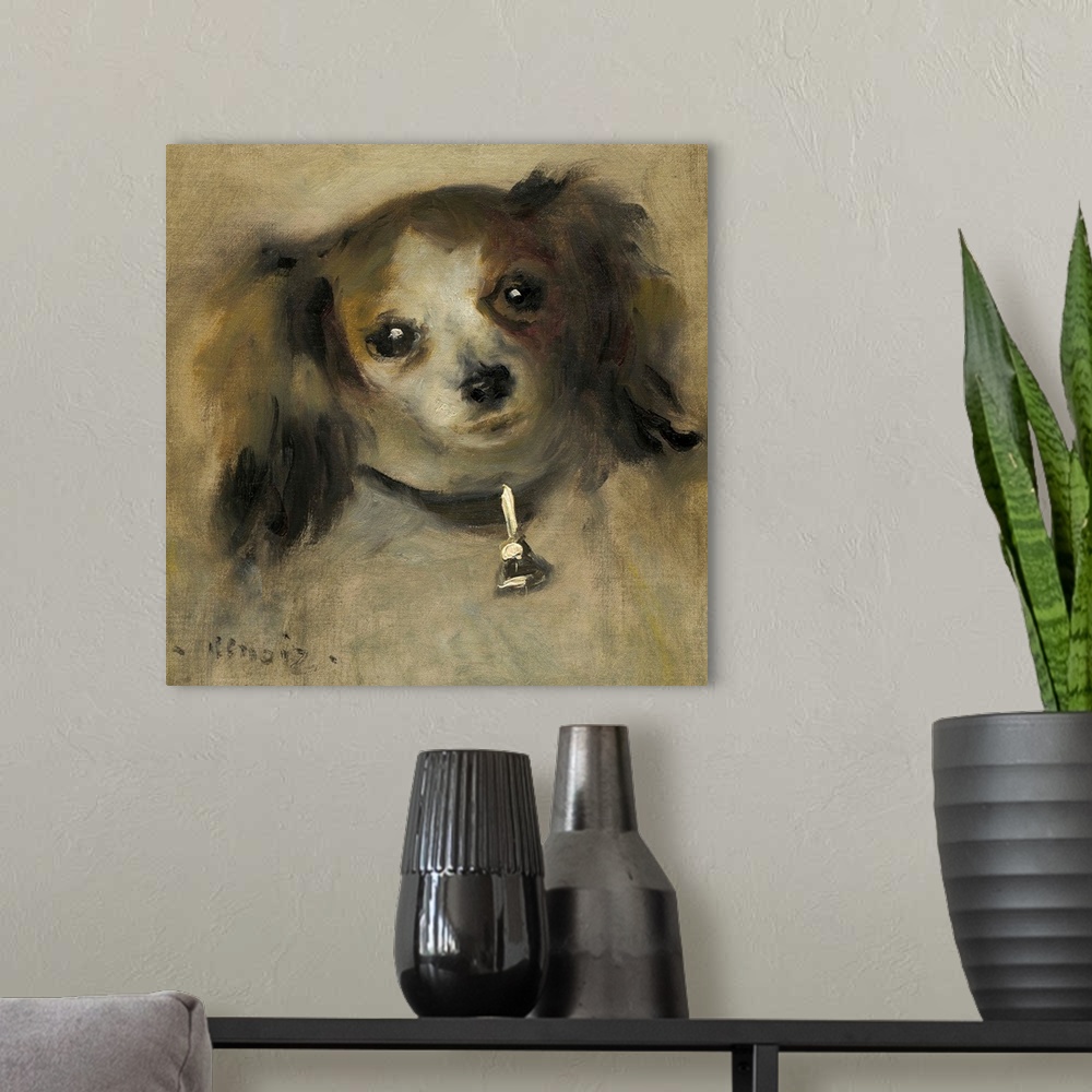 A modern room featuring Head of a Dog, by Auguste Renoir, 1870, French impressionist painting, oil on canvas