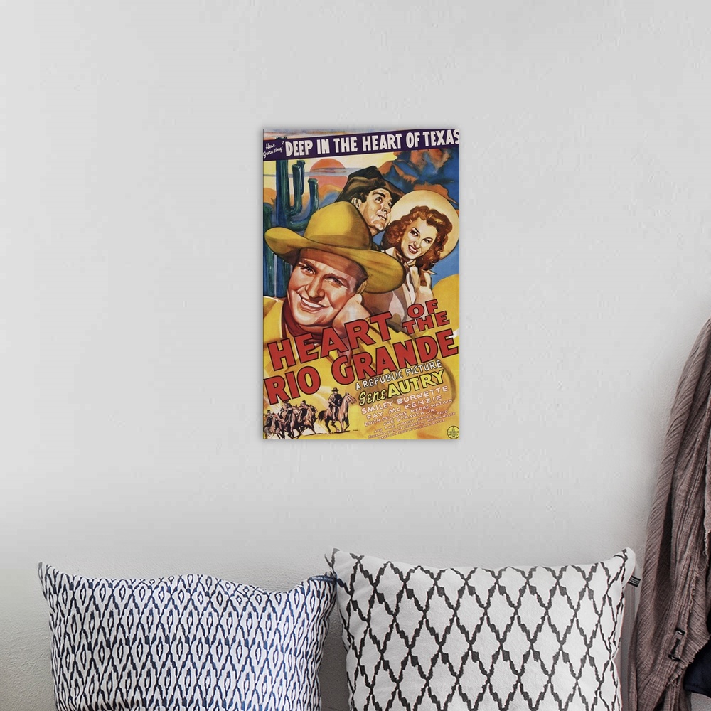 A bohemian room featuring HEART OF THE RIO GRANDE, US poster art, from left: Gene Autry, Smiley Burnette, Fay McKenzie, 1942