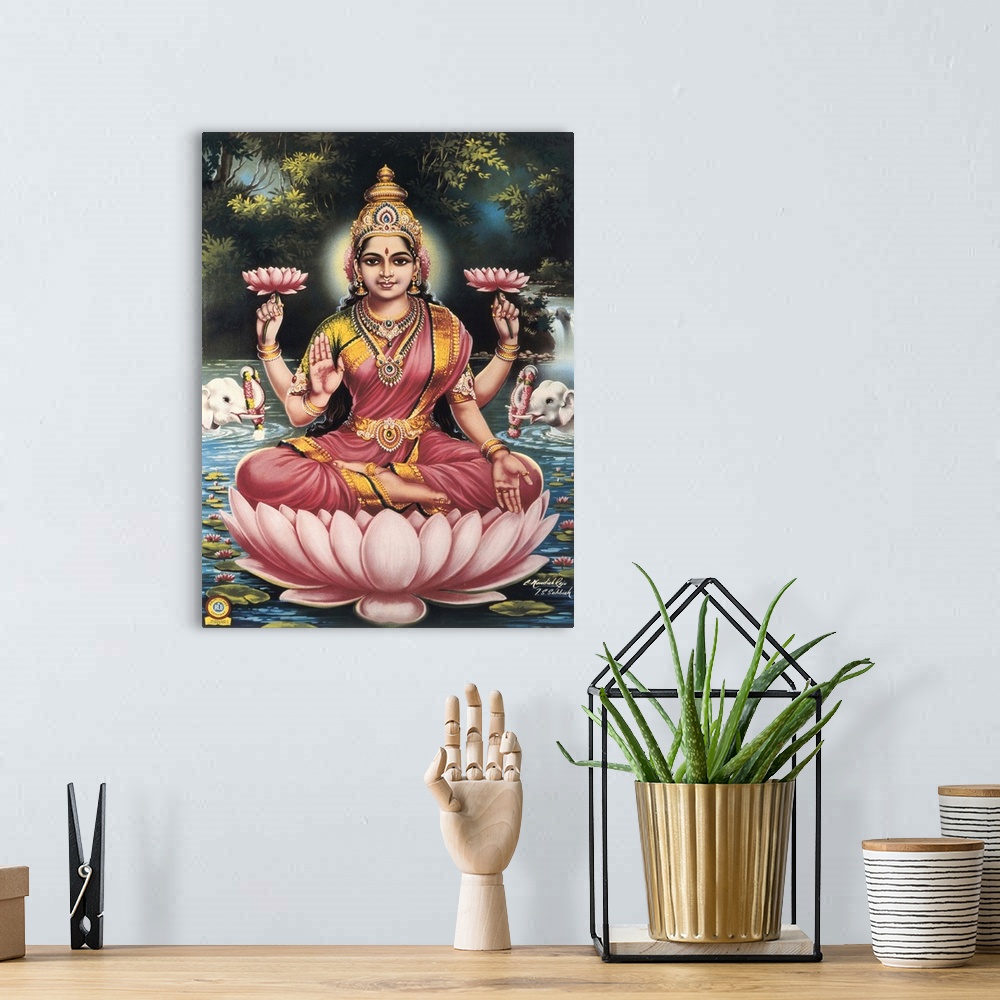 A bohemian room featuring Goddess Srhi Sentamarai Laximi, wife of Vishnu. Hindu art. -
