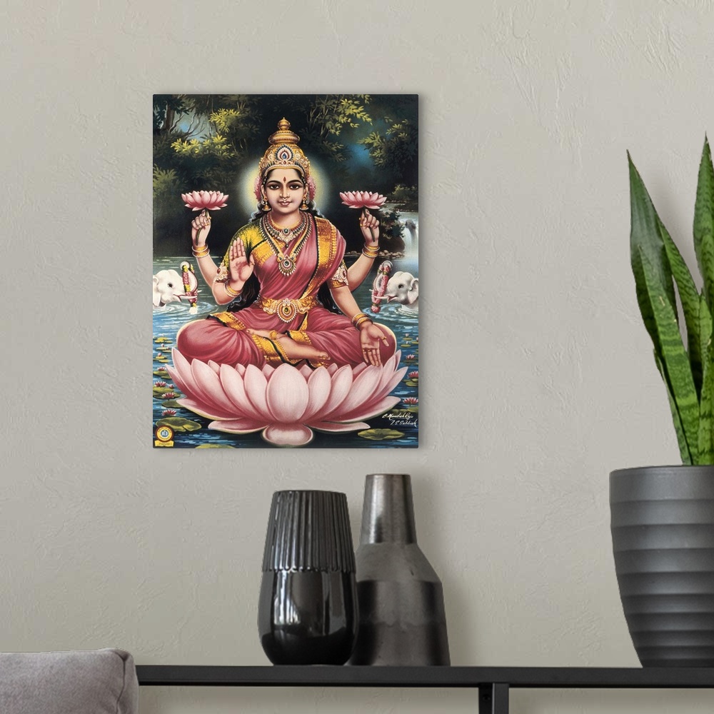 A modern room featuring Goddess Srhi Sentamarai Laximi, wife of Vishnu. Hindu art. -