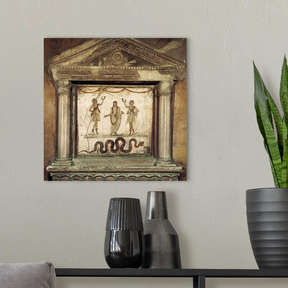A modern room featuring Household shrine, Roman art