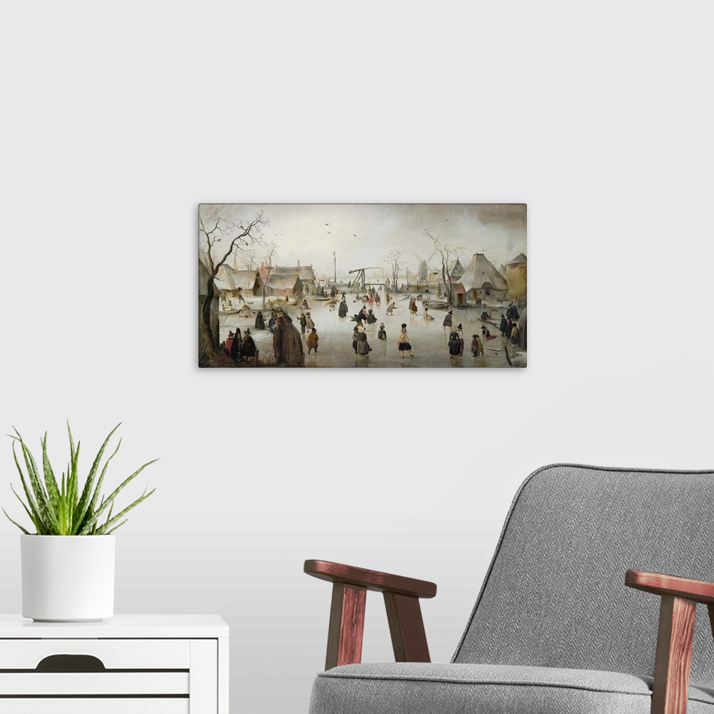 A modern room featuring Ice-skating in a Village, by Hendrick Avercamp, 1610, Dutch painting, oil on panel. Village scene...