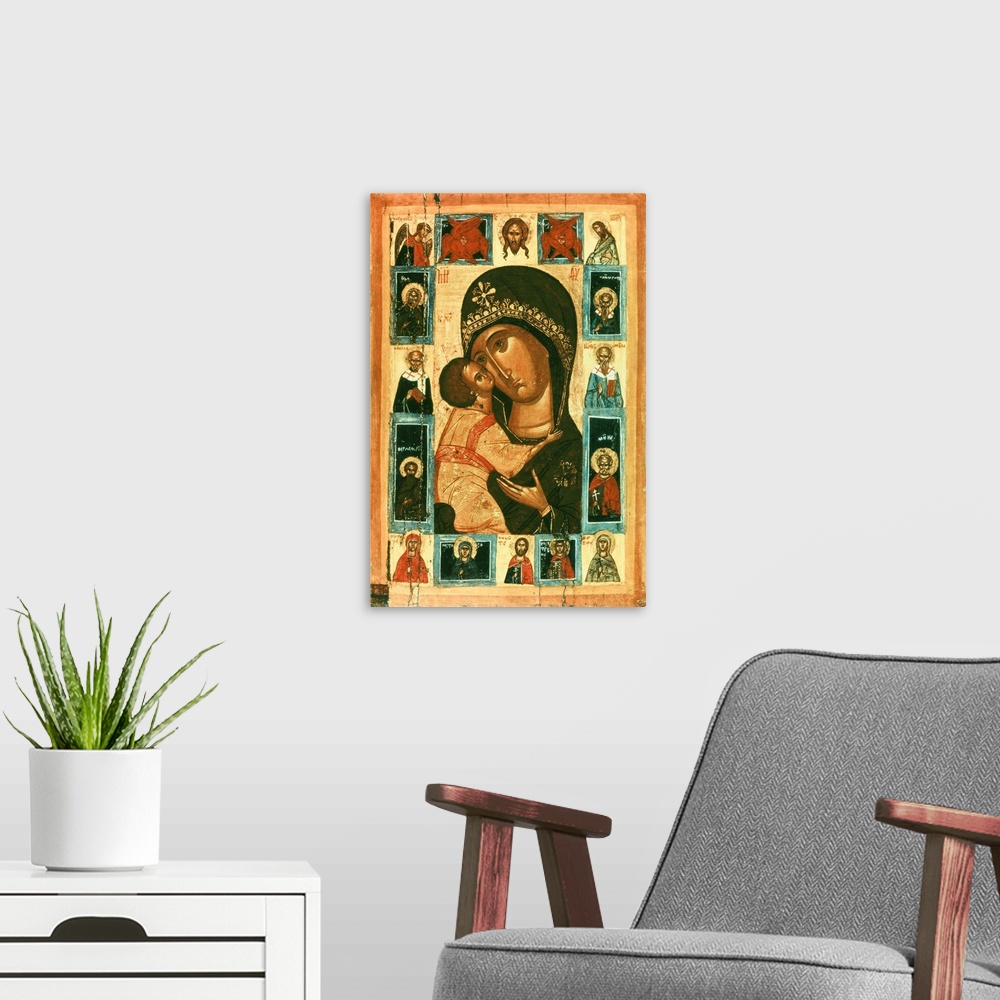 A modern room featuring Icon of the Virgin of the Tenderness. Russian school