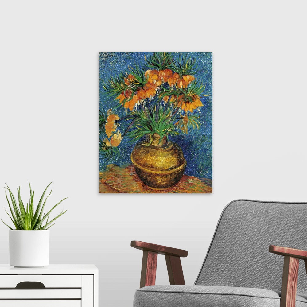 A modern room featuring Imperial Crown Fritilaria in a Copper Vase, by Vincent Van Gogh, 1886 - 1887 about, 19th Century,...