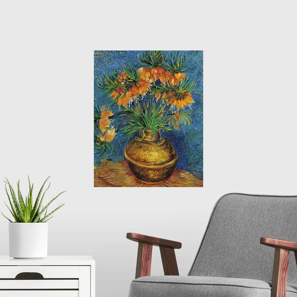 A modern room featuring Imperial Crown Fritilaria in a Copper Vase, by Vincent Van Gogh, 1886 - 1887 about, 19th Century,...