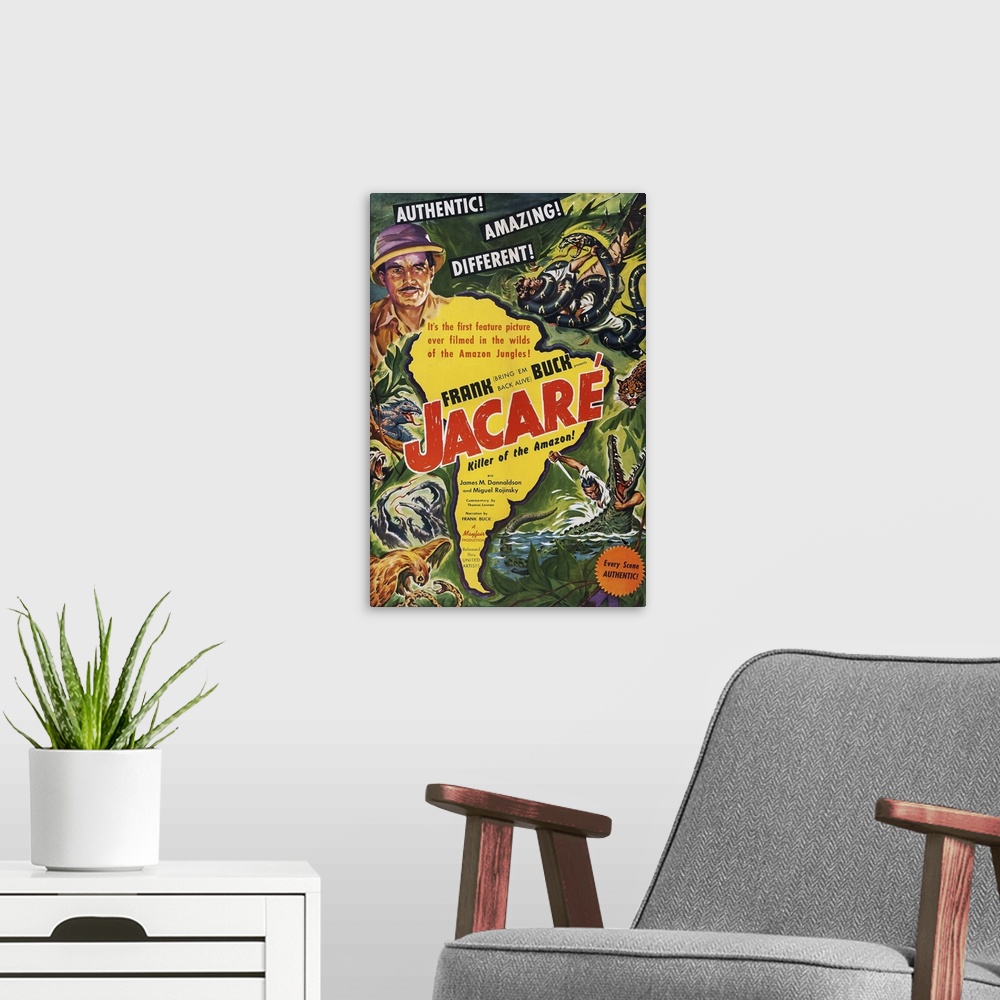 A modern room featuring Retro poster artwork for the film Jacare.