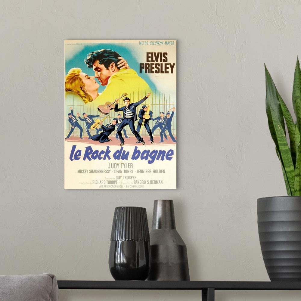 A modern room featuring Jailhouse Rock, Judy Tyler, Elvis Presley Featured On French Poster Art, 1957.