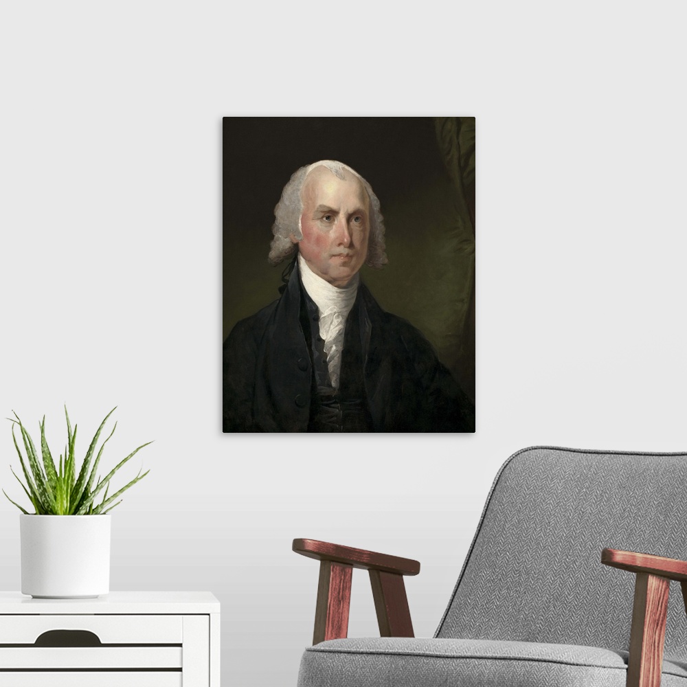 A modern room featuring James Madison, by Gilbert Stuart , 1821, American painting, oil on canvas. Colonel George Gibbs, ...