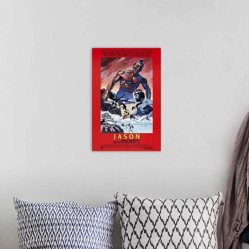 A bohemian room featuring Retro poster artwork for the film Jason and the Argonauts.