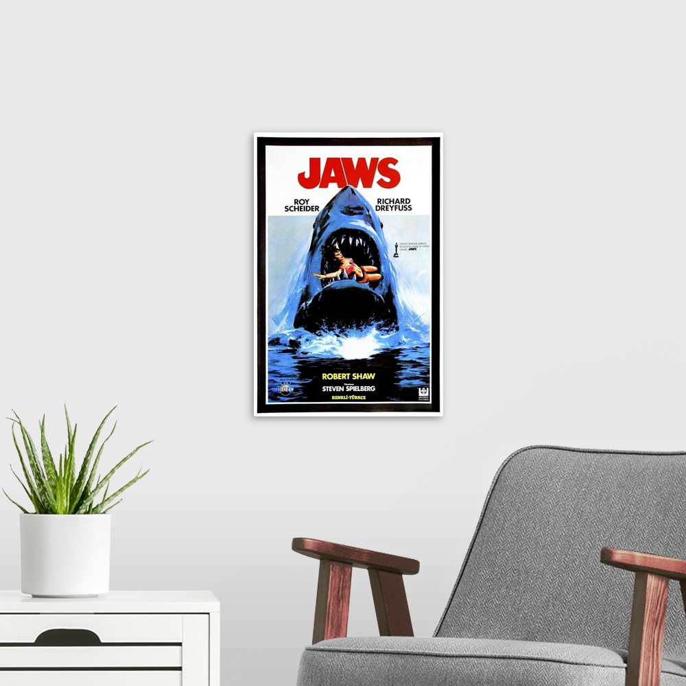 A modern room featuring Jaws, Turkish Poster Art, 1975.