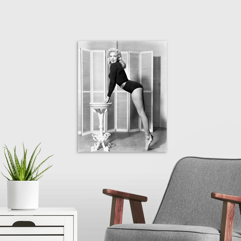A modern room featuring Jayne Mansfield, ca. 1955.