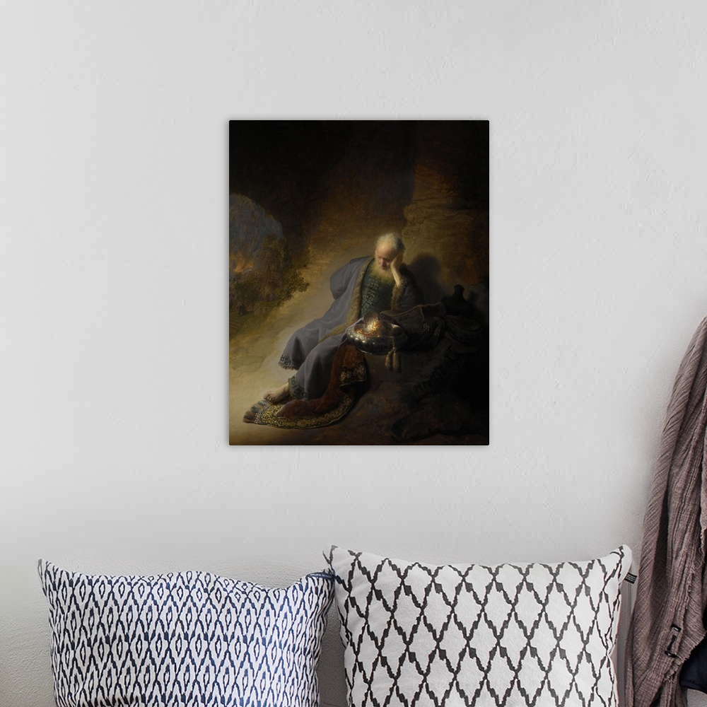 A bohemian room featuring Jeremiah Lamenting the Destruction of Jerusalem, by Rembrandt, 1628, Dutch painting, oil on panel...