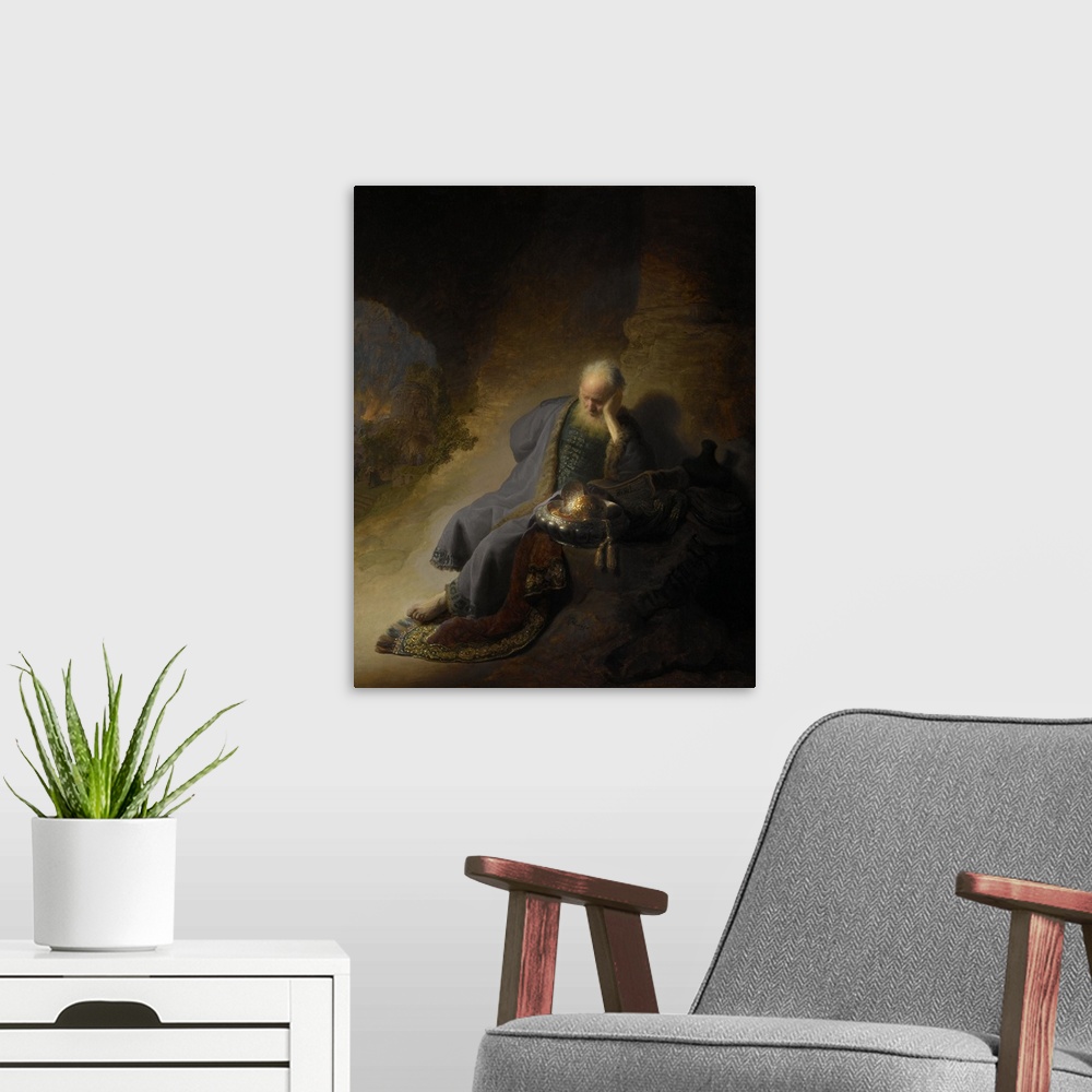 A modern room featuring Jeremiah Lamenting the Destruction of Jerusalem, by Rembrandt, 1628, Dutch painting, oil on panel...
