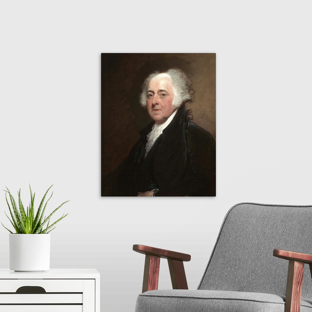 A modern room featuring John Adams, by Gilbert Stuart, c. 1800-15, American painting, oil on canvas. Adams sat for this p...