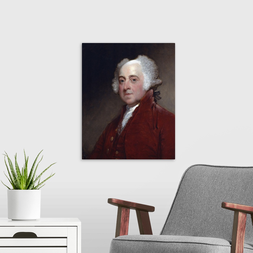 A modern room featuring John Adams, by Gilbert Stuart, c. 1800-15, American painting, oil on canvas. Painted when the sec...