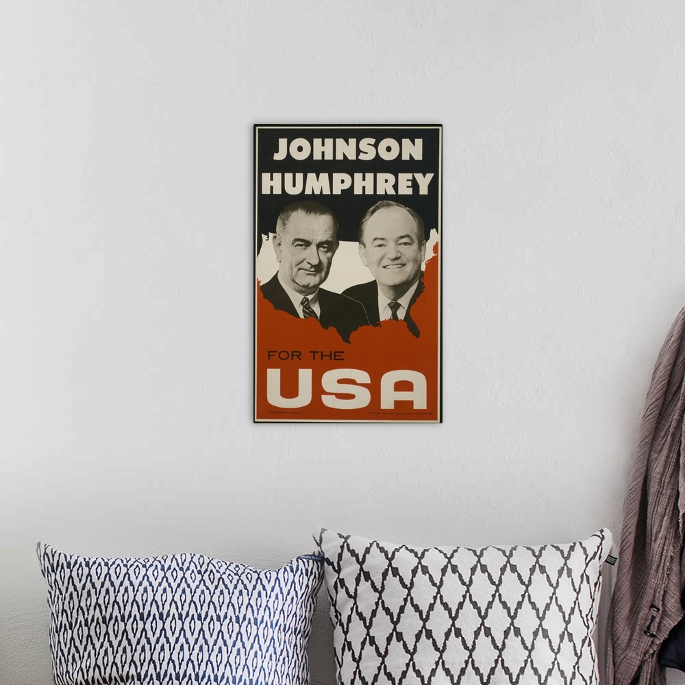A bohemian room featuring Johnson and Humphrey for the USA. Democratic National Committee poster for the 1964 election. Aga...