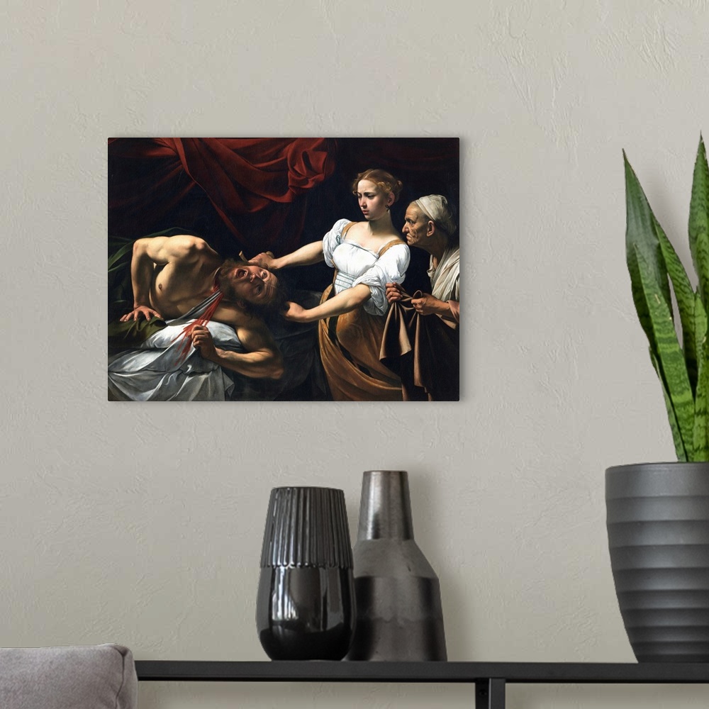 A modern room featuring Judith Beheading Holofernes, by Michelangelo Merisi known as Caravaggio, 1598 - 1599 about, 16th ...