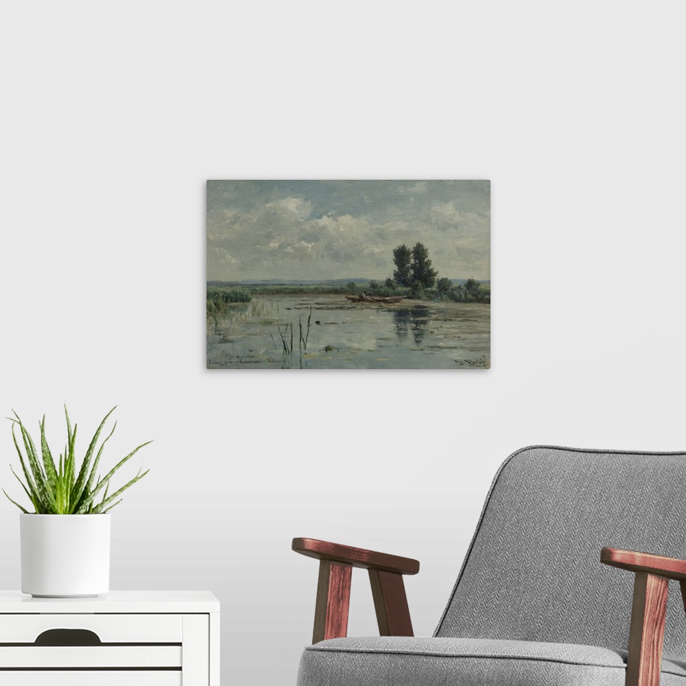 A modern room featuring Lake near Loosdrecht, by Willem Roelofs 1st, 1887, Dutch painting, oil on canvas. Morning light l...