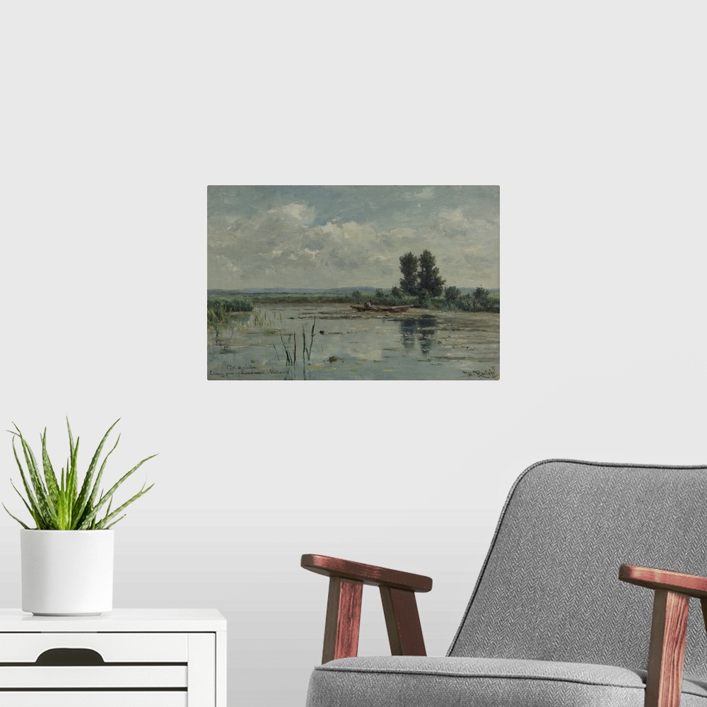 A modern room featuring Lake near Loosdrecht, by Willem Roelofs 1st, 1887, Dutch painting, oil on canvas. Morning light l...