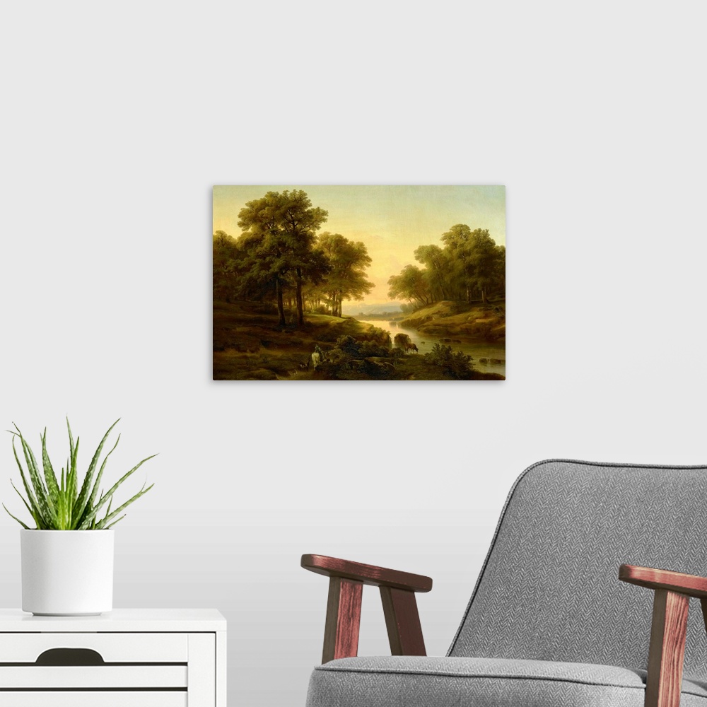 A modern room featuring Landscape, by Alexandre Calame, 1830-45, Dutch painting, oil on canvas. Sunset reflected in a riv...