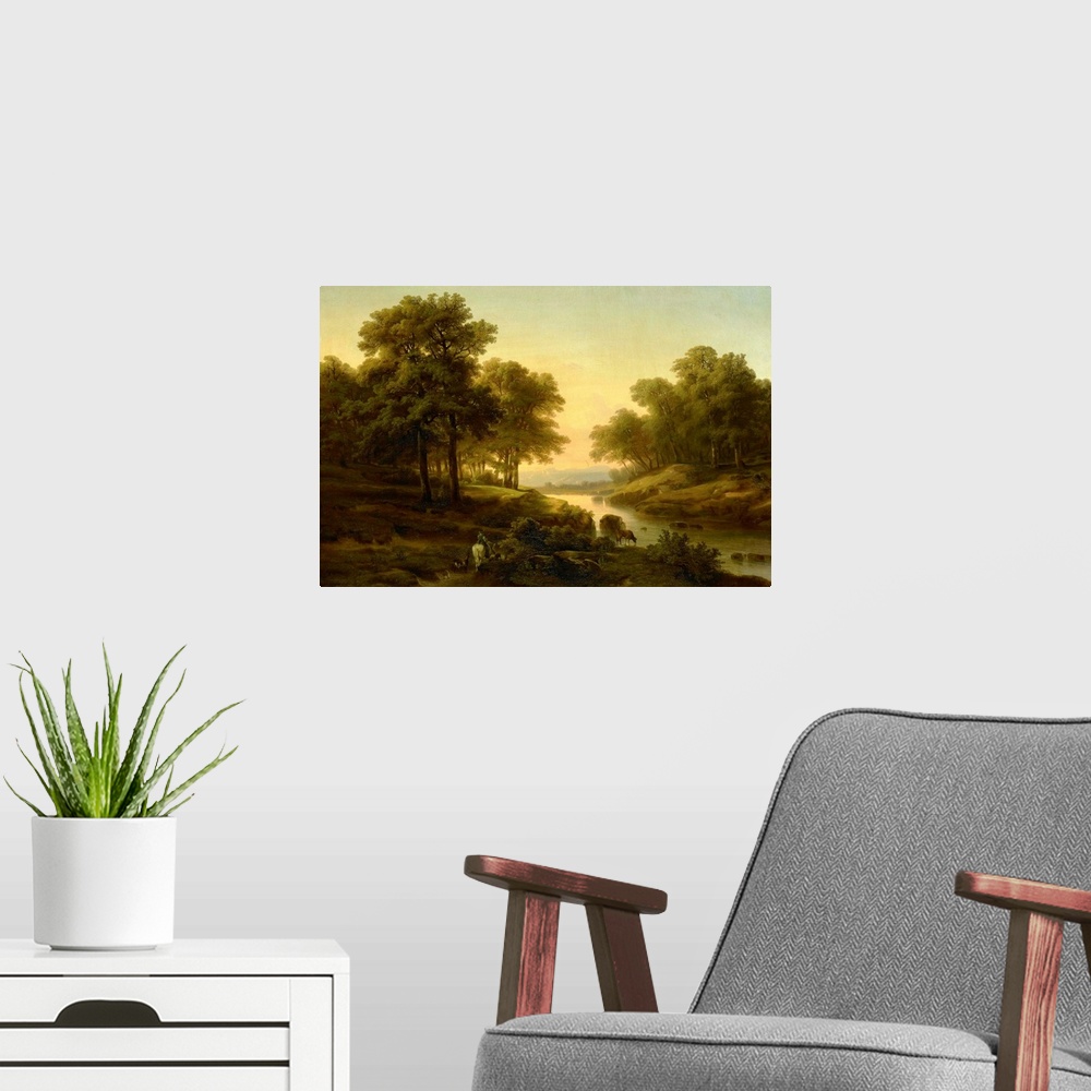 A modern room featuring Landscape, by Alexandre Calame, 1830-45, Dutch painting, oil on canvas. Sunset reflected in a riv...