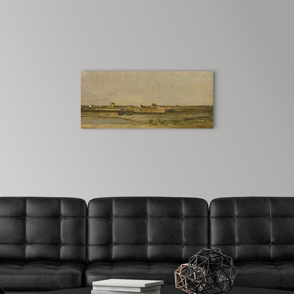 A modern room featuring Landscape, by Charles Fran?ois Daubigny, 1840-78, French painting, oil on panel. Flat coastal pla...