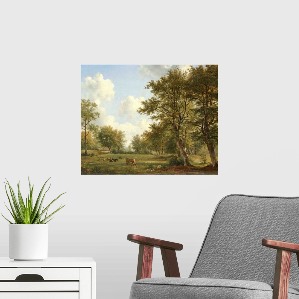 A modern room featuring Landscape near Hilversum, by George Jacobus Johannes van Os and Pieter Gerardus van Os, 1820-39. ...