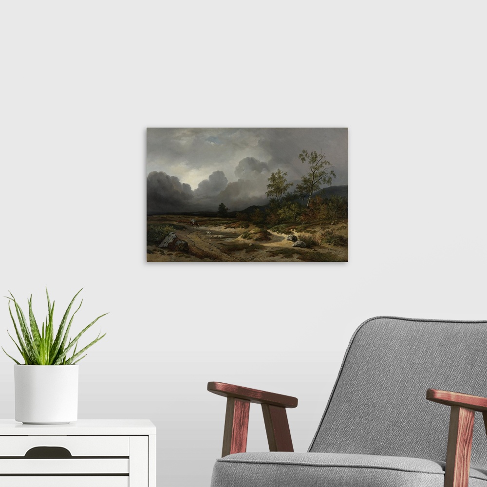 A modern room featuring Landscape with a Thunderstorm Brewing, by Willem Roelofs 1st, 1850, Dutch painting, oil on canvas...