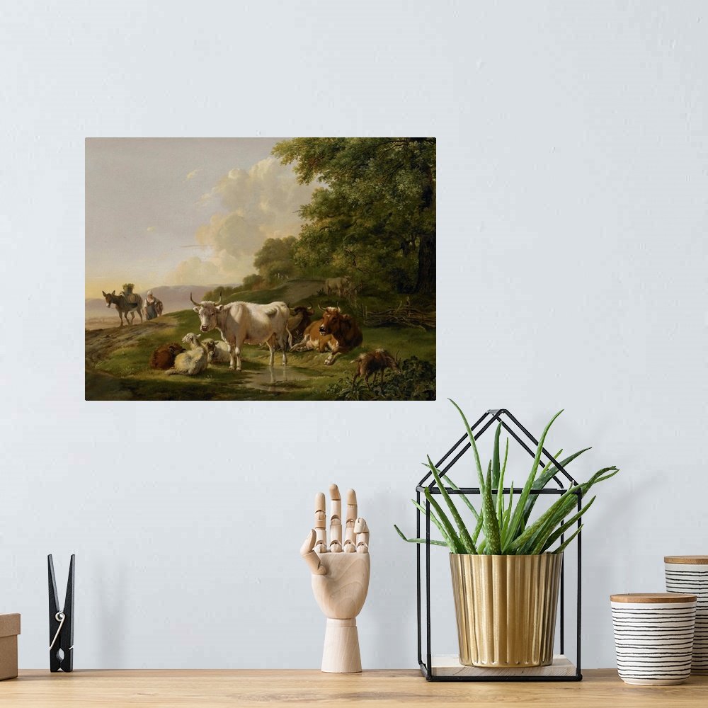 A bohemian room featuring Landscape with Cattle, by Pieter Gerardus van Os, 1806, Dutch painting, oil on panel. Woman peasa...