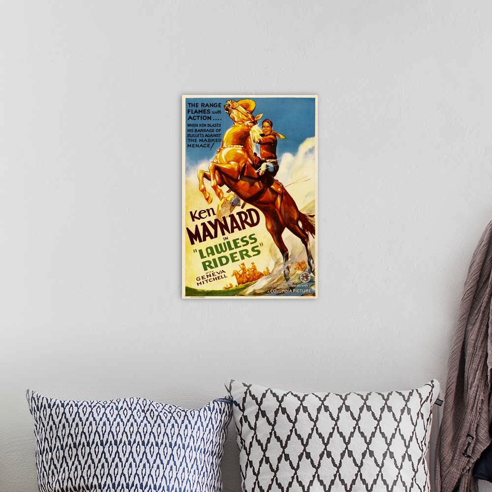 A bohemian room featuring Lawless Riders - Vintage Movie Poster