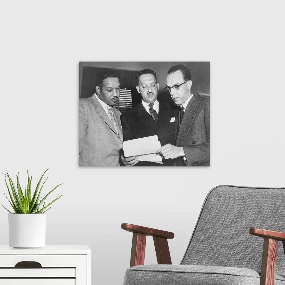 A modern room featuring Lawyers confer at the Supreme Court prior to presenting arguments against school segregation. Har...