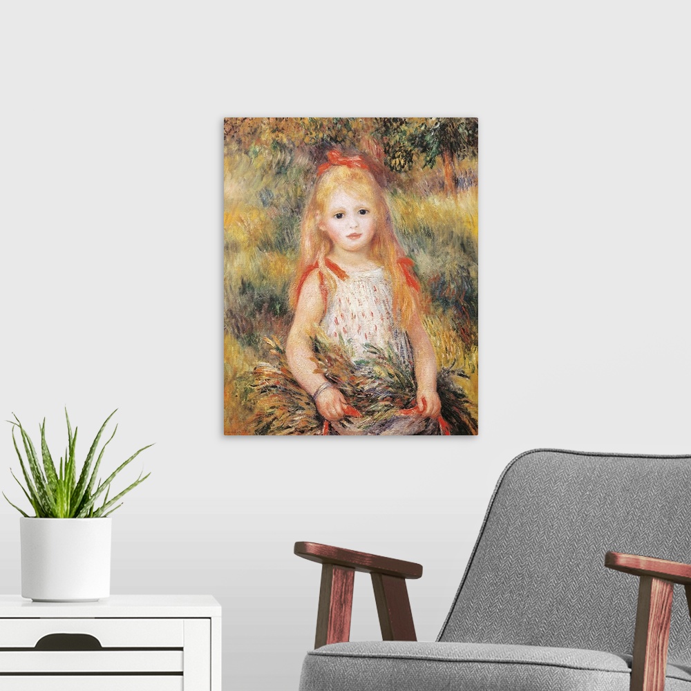 A modern room featuring RENOIR, Pierre-Auguste (1841-1919). Little Girl Carrying Flowers or The Little Gleaner. 1888. Imp...