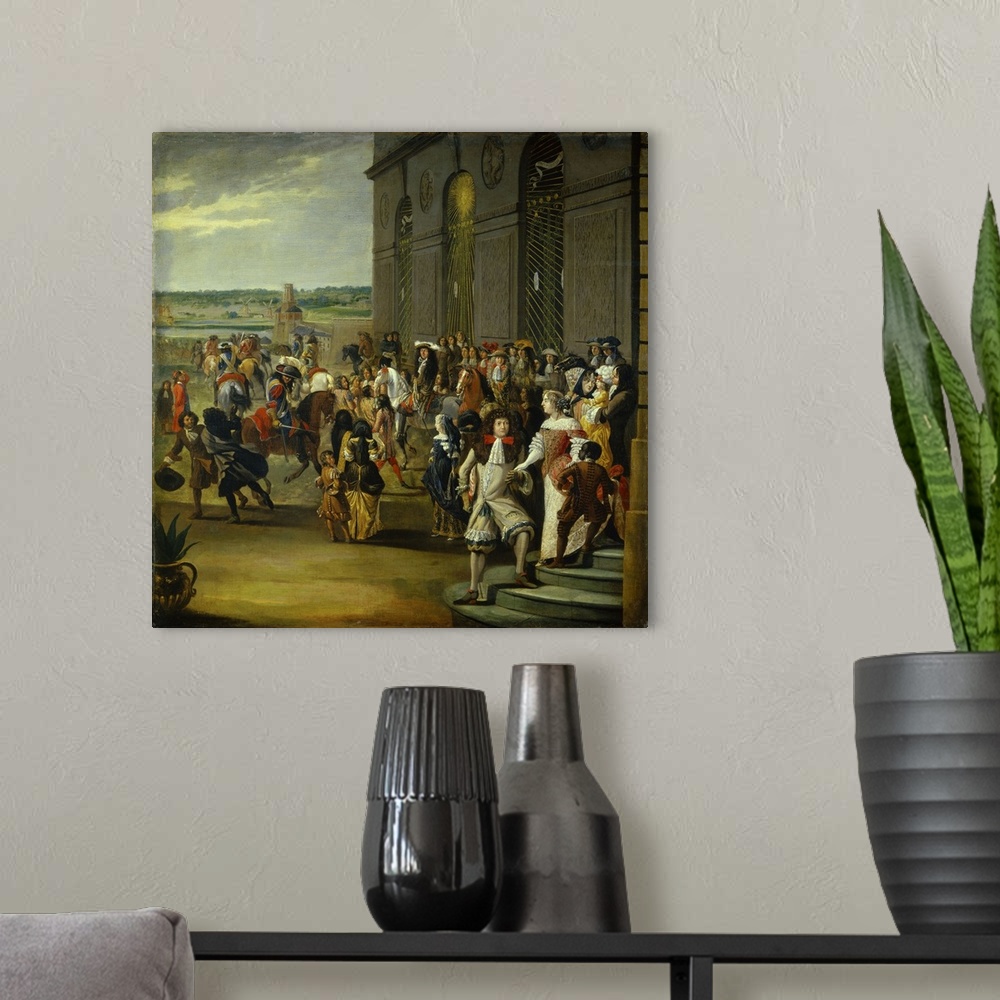A modern room featuring French School. Louis XIV and Grand Dauphin riding in front of caves of Thetis at Versailles. Oil ...