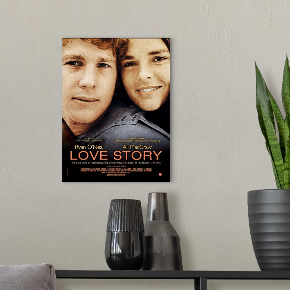 A modern room featuring Love Story, From Left: Ryan O'Neal, Ali Macgraw On French Poster Art, 1970.