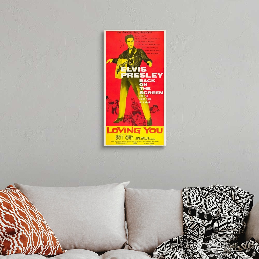 A bohemian room featuring Loving You - Vintage Movie Poster