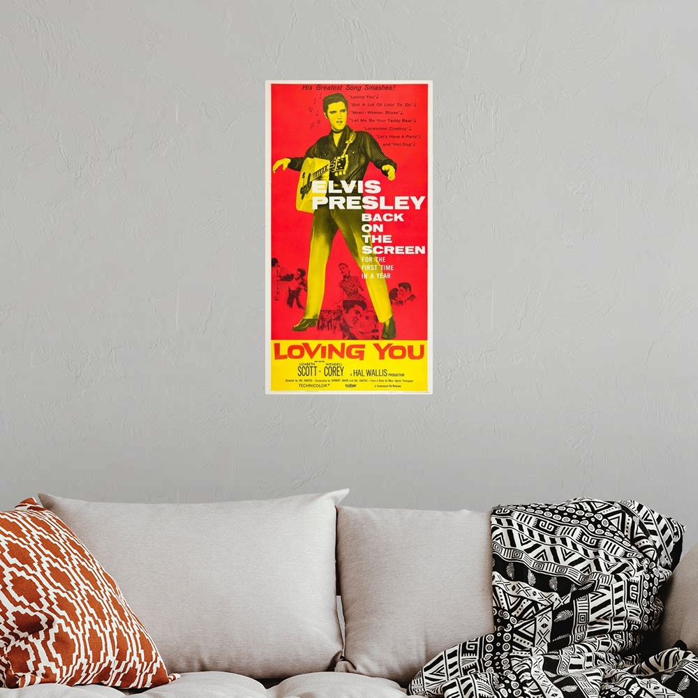 A bohemian room featuring Loving You - Vintage Movie Poster