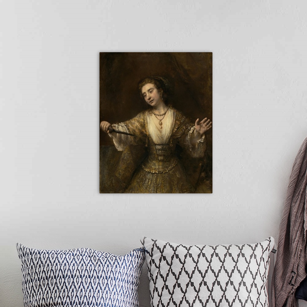 A bohemian room featuring Lucretia, by Rembrandt van Rijn, 1664, Dutch painting, oil on canvas. Lucretia, wife Lucius Tarqu...
